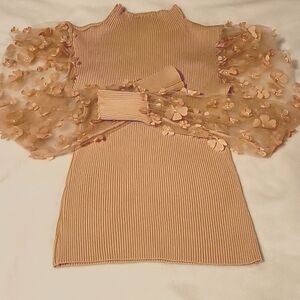 Almost Famous Ribbed Knit Top, Sheer Sleeves with Flower Embellishments, sz M